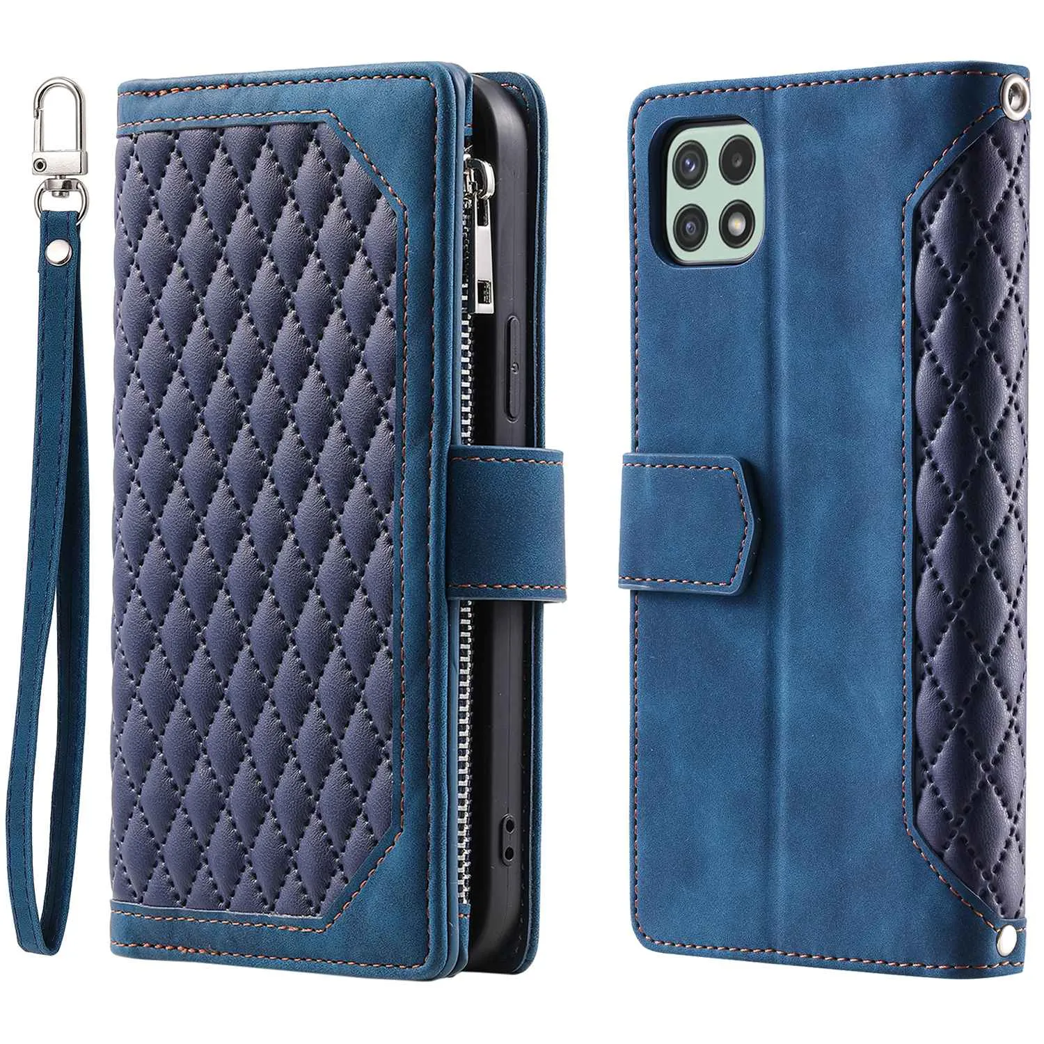 005 Phone Case Pouch for Samsung Galaxy A22 5G (EU Version), Anti-scratch Rhombus Grid Textured PU Leather Zipper Pocket Stand Wallet Phone Case with Multiple Card Slots and Handy Strap