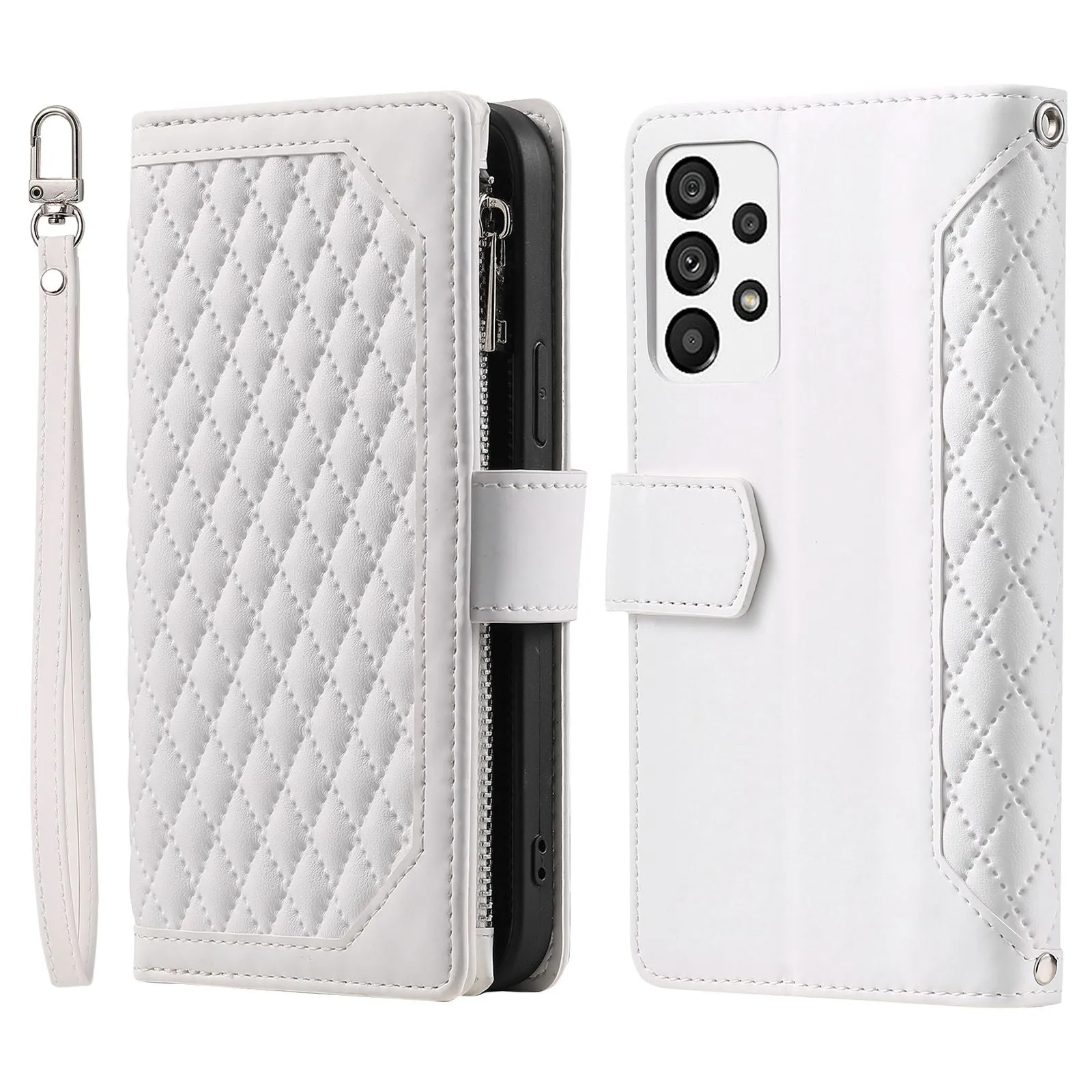 005 Style for Samsung Galaxy A23 4G (165.4 x 76.9 x 8.4mm) / A23 5G Rhombus Texture Phone Full-protection Cover PU Leather Zipper Pocket Stand Wallet Case with Strap