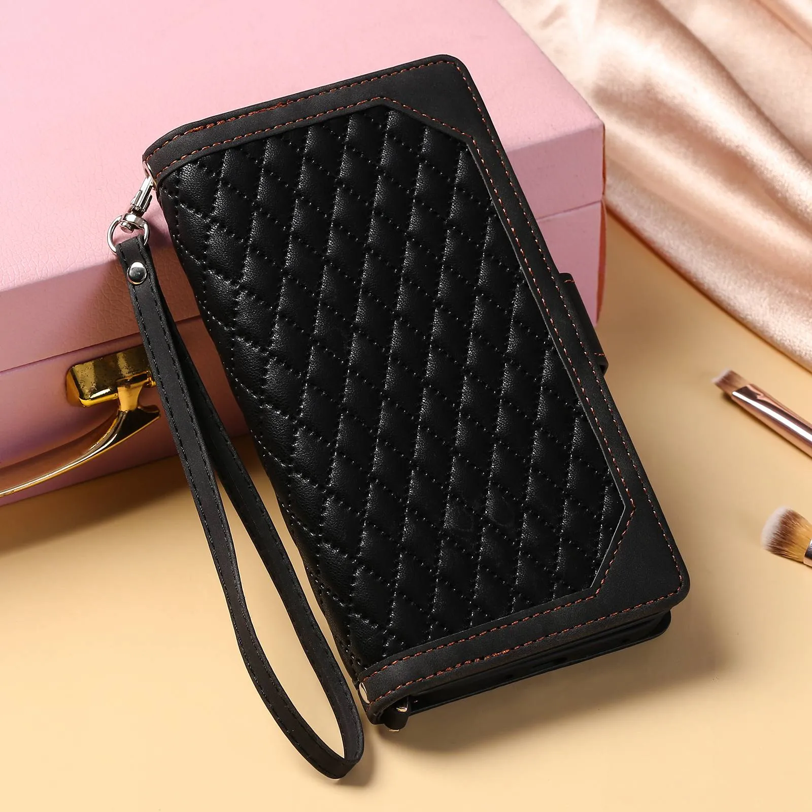 005 Style for Samsung Galaxy A23 4G (165.4 x 76.9 x 8.4mm) / A23 5G Rhombus Texture Phone Full-protection Cover PU Leather Zipper Pocket Stand Wallet Case with Strap