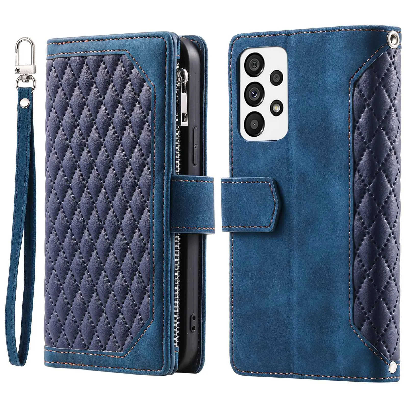 005 Style for Samsung Galaxy A23 4G (165.4 x 76.9 x 8.4mm) / A23 5G Rhombus Texture Phone Full-protection Cover PU Leather Zipper Pocket Stand Wallet Case with Strap