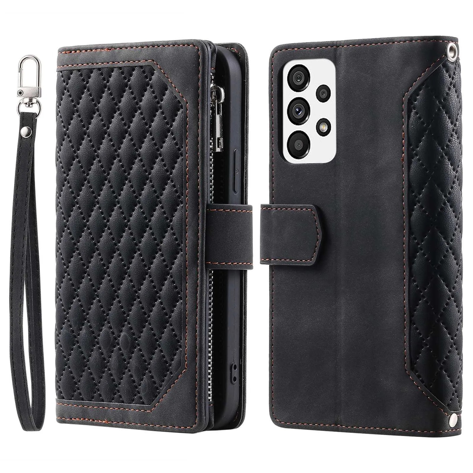 005 Style for Samsung Galaxy A23 4G (165.4 x 76.9 x 8.4mm) / A23 5G Rhombus Texture Phone Full-protection Cover PU Leather Zipper Pocket Stand Wallet Case with Strap