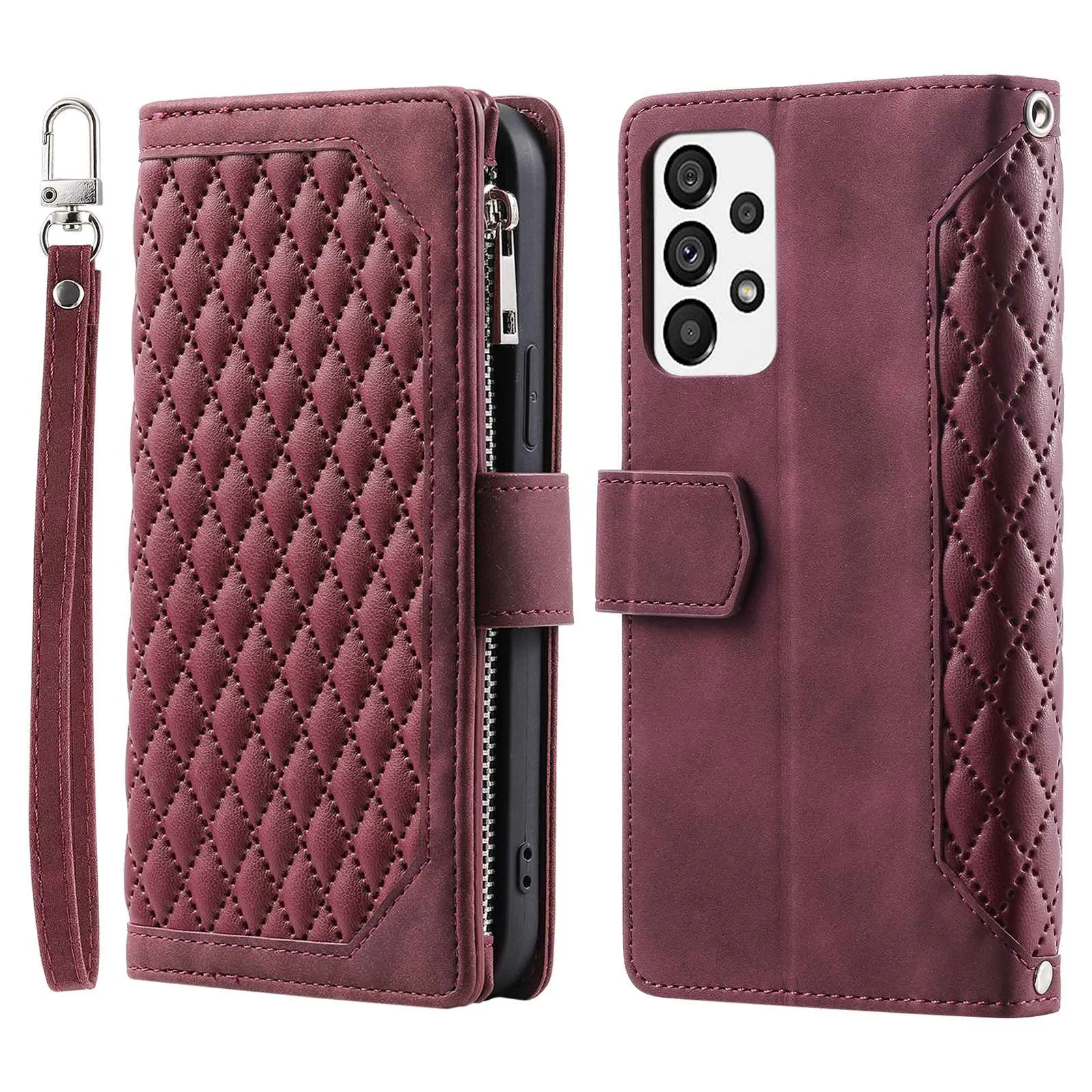 005 Style for Samsung Galaxy A23 4G (165.4 x 76.9 x 8.4mm) / A23 5G Rhombus Texture Phone Full-protection Cover PU Leather Zipper Pocket Stand Wallet Case with Strap