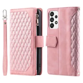 005 Style for Samsung Galaxy A23 4G (165.4 x 76.9 x 8.4mm) / A23 5G Rhombus Texture Phone Full-protection Cover PU Leather Zipper Pocket Stand Wallet Case with Strap