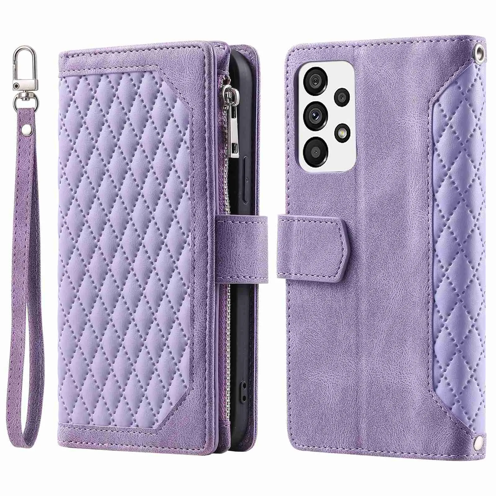 005 Style for Samsung Galaxy A23 4G (165.4 x 76.9 x 8.4mm) / A23 5G Rhombus Texture Phone Full-protection Cover PU Leather Zipper Pocket Stand Wallet Case with Strap