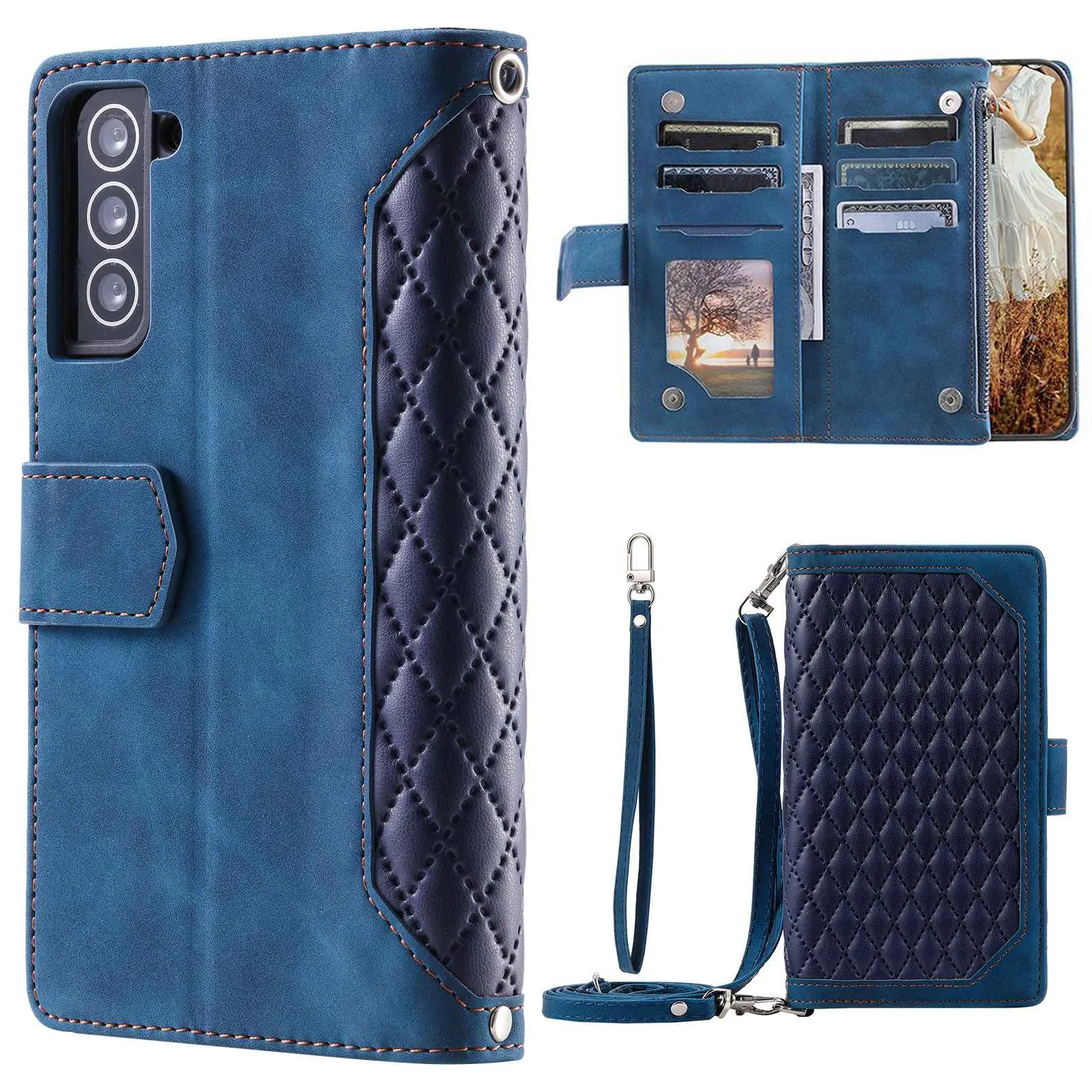 005 Style For Samsung Galaxy S21  5G, Drop-proof Phone Case PU Leather Rhombus Texture Zipper Pocket Wallet Cover Stand with Strap