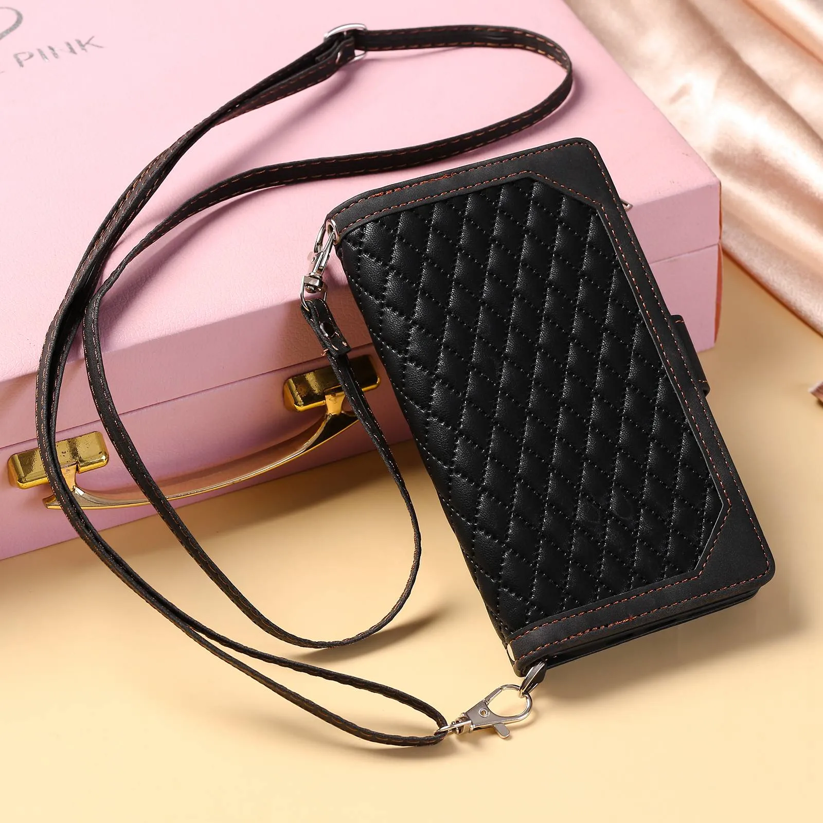 005 Style For Samsung Galaxy S21  5G, Drop-proof Phone Case PU Leather Rhombus Texture Zipper Pocket Wallet Cover Stand with Strap