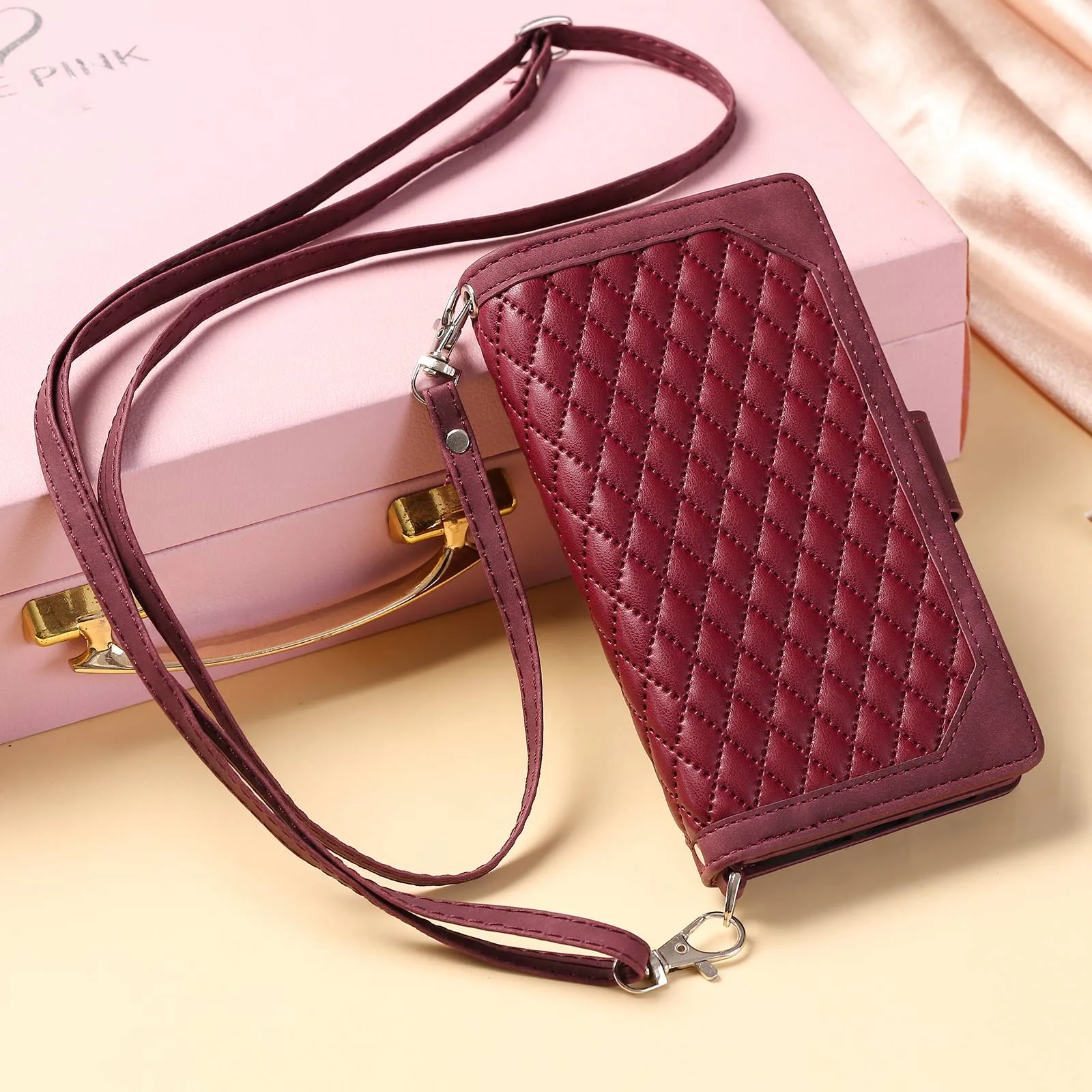 005 Style For Samsung Galaxy S21  5G, Drop-proof Phone Case PU Leather Rhombus Texture Zipper Pocket Wallet Cover Stand with Strap