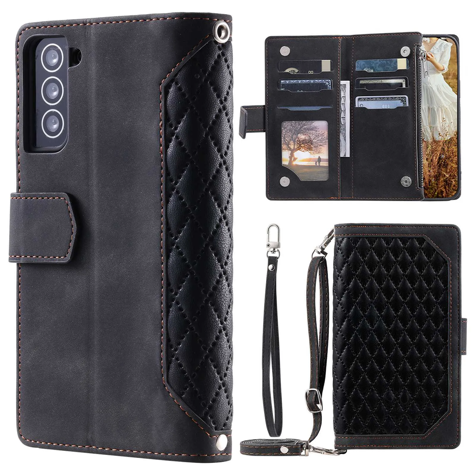 005 Style For Samsung Galaxy S21  5G, Drop-proof Phone Case PU Leather Rhombus Texture Zipper Pocket Wallet Cover Stand with Strap