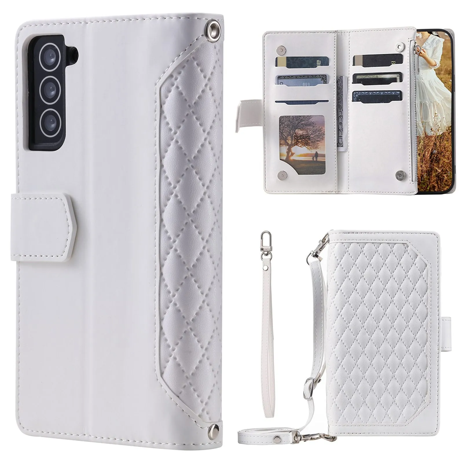 005 Style For Samsung Galaxy S21  5G, Drop-proof Phone Case PU Leather Rhombus Texture Zipper Pocket Wallet Cover Stand with Strap