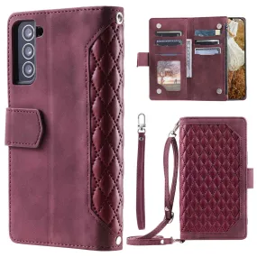 005 Style For Samsung Galaxy S21  5G, Drop-proof Phone Case PU Leather Rhombus Texture Zipper Pocket Wallet Cover Stand with Strap