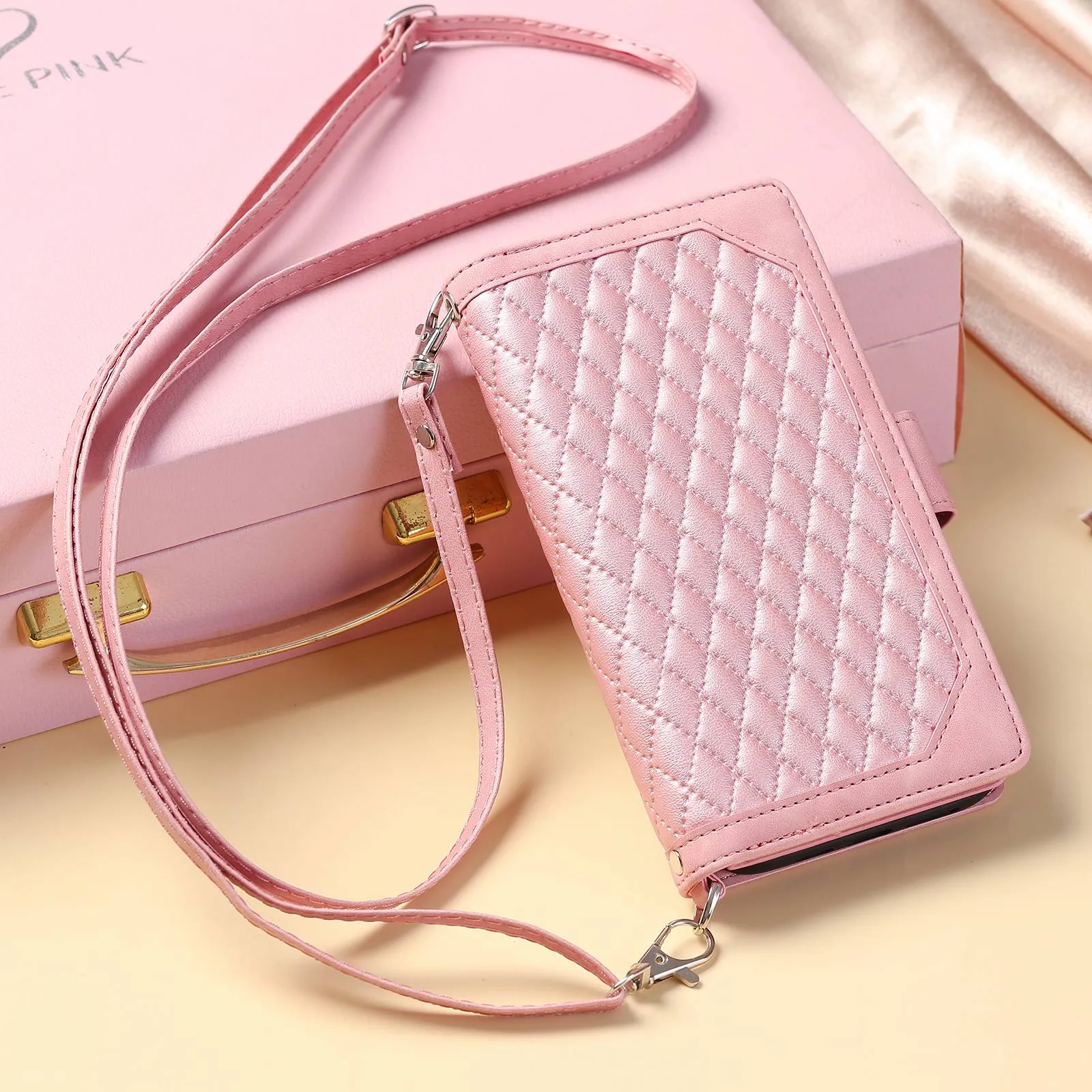 005 Style For Samsung Galaxy S21  5G, Drop-proof Phone Case PU Leather Rhombus Texture Zipper Pocket Wallet Cover Stand with Strap