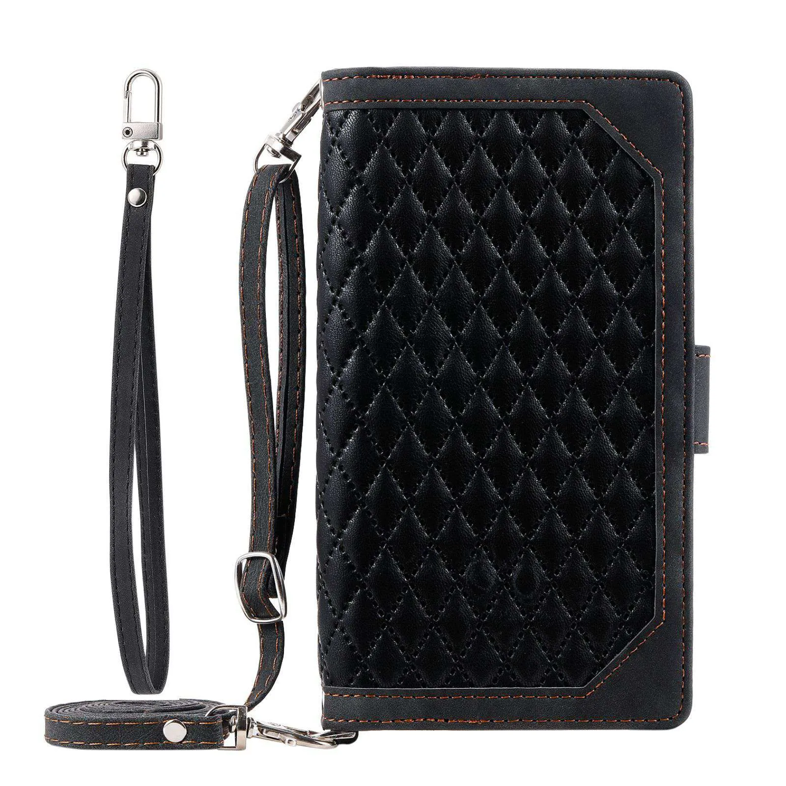 005 Style For Samsung Galaxy S22  5G, Anti-scratch Zipper Pocket Phone Cover Rhombus Texture PU Leather Wallet Case Stand with Strap