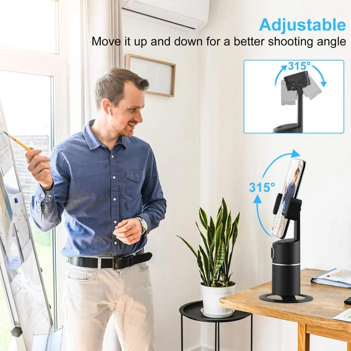 360° face tracking phone holder, no APP, fast face tracking, desktop tripod for selfie Vlog real-time video, YouTube TIk Tok, iPhone and Android universal holder, indoor and outdoor use time is 6-8 hours