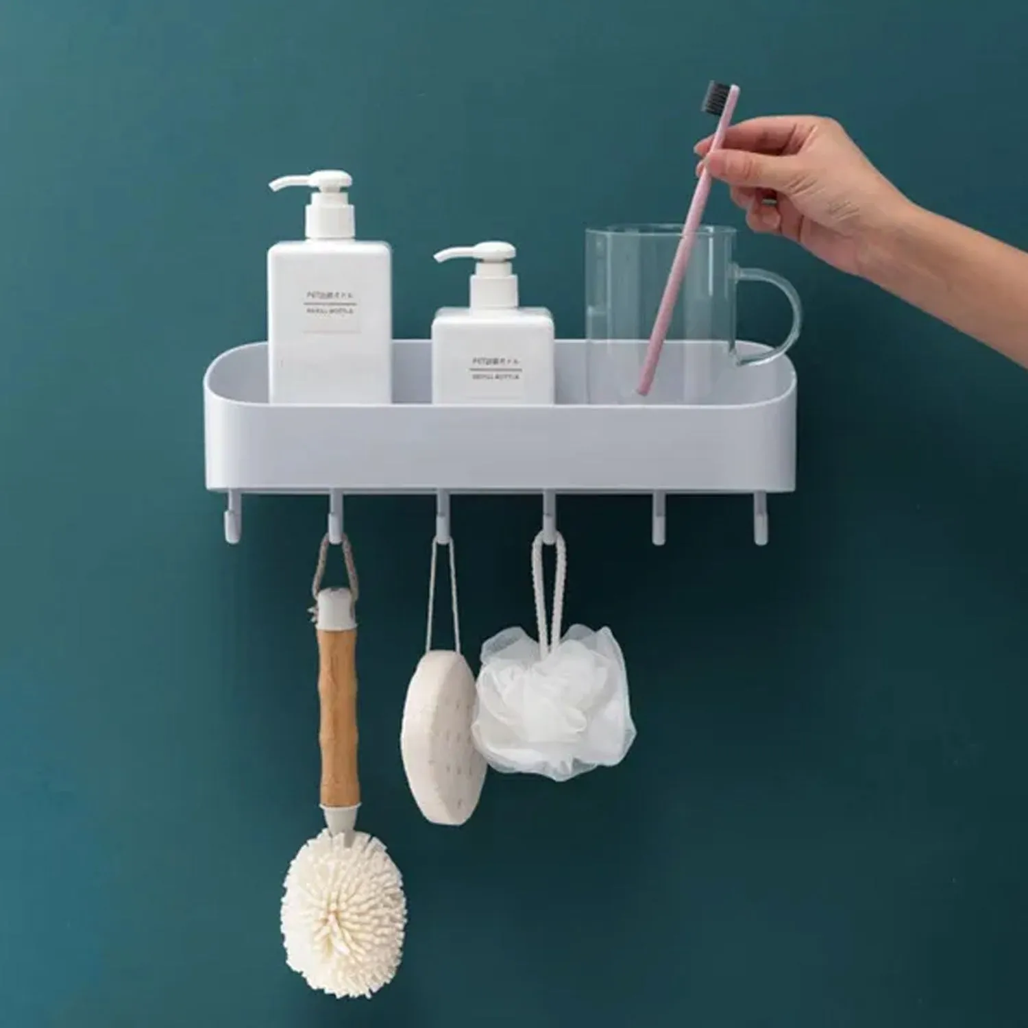 4712 BATHROOM KITCHEN SHELF PLASTIC WALL STORAGE ORGANIZER WITH 6 HOOKS WITHOUT DRILL SELF ADHESIVE AND MAGIC STICKER