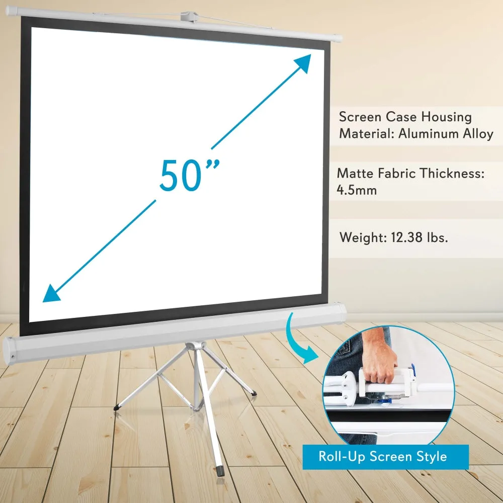 50-Inch Video Projector Screen, Easy Fold-Out & Roll-Up Projection Display, Tripod Stand Style