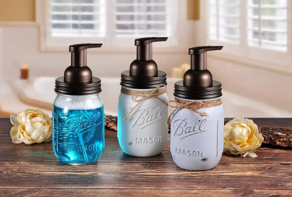 Andrew & Sarah Mason Jar Bathroom Accessories Set(4pcs)- Jars Not Included - Foaming Soap Dispenser,Toothbrush Holder, and Apothecary Storage Jars Lids -Rustic Farmhouse Decor,Brushed Nickel