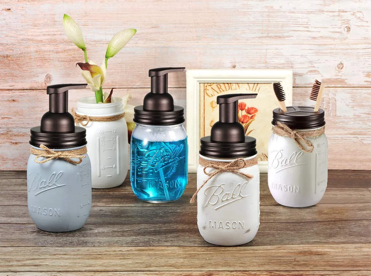 Andrew & Sarah Mason Jar Bathroom Accessories Set(4pcs)- Jars Not Included - Foaming Soap Dispenser,Toothbrush Holder, and Apothecary Storage Jars Lids -Rustic Farmhouse Decor,Brushed Nickel