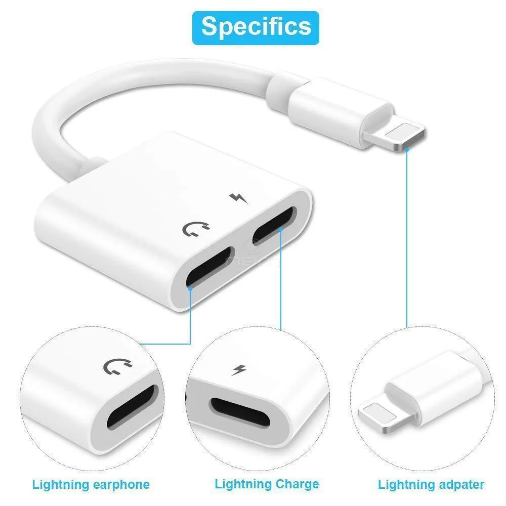 Apple iPhone / IPad 2-in-1 Dual Lightning Auxiliary Adapter Splitter Headphone Audio Charge Cable White by Modes