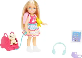 Barbie Chelsea Blonde Doll Travel Set Accessories with Puppy, Pet Carrier & Backpack for Kids Ages 3 