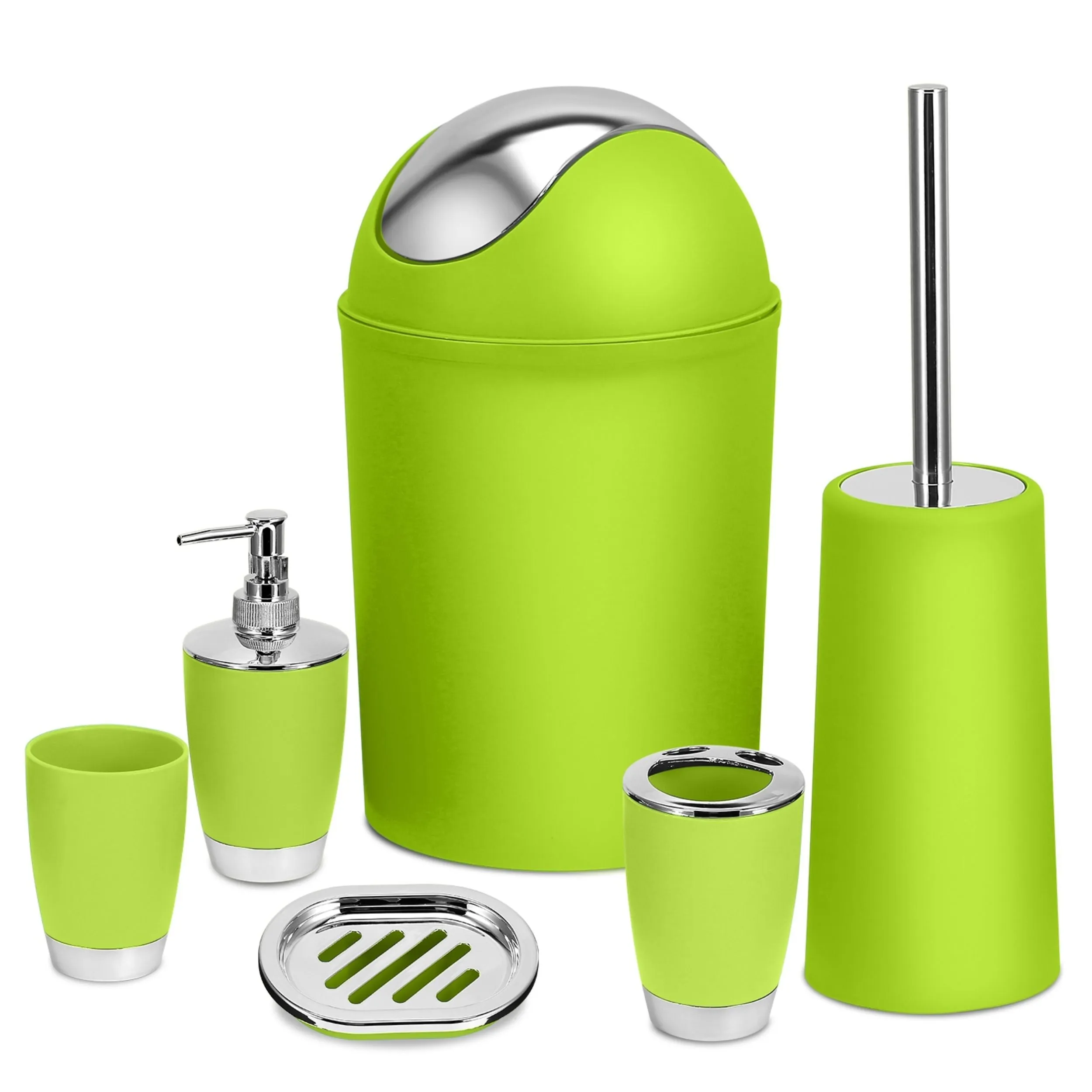 Bathroom Accessories Set 6 Pcs Bathroom Set Ensemble Complete Soap Dispenser Toothbrush Holder Tumbler Soap Dish Toilet Cleaning Brush Trash Can - Green