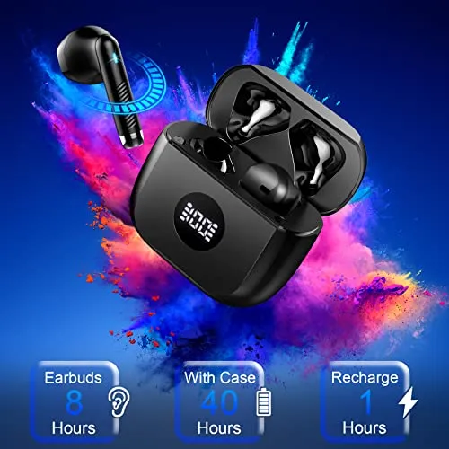 Bluetooth 5.3 Earbuds with LED Display, Bass Stereo, Noise Cancelling Mic, 40H Playback - Waterproof Sports Earphones for Android/iOS