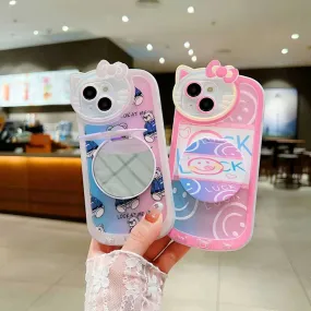 Cartoon Cat Printed TPU Camera Protection Cover with Mirror Stand - iPhone 14