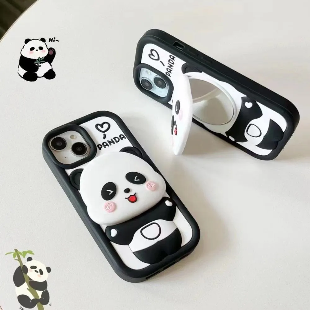 Cute Panda With Mirror Stand Silicon Phone Case For iPhone 13 Pro