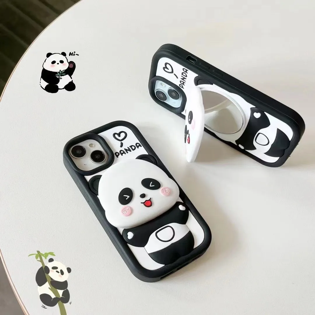 Cute Panda With Mirror Stand Silicon Phone Case For iPhone 13 Pro