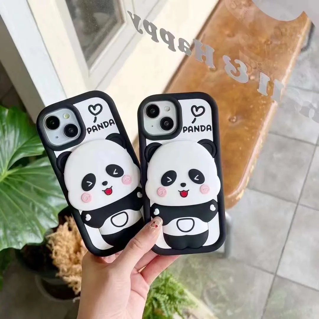 Cute Panda With Mirror Stand Silicon Phone Case For iPhone 13 Pro