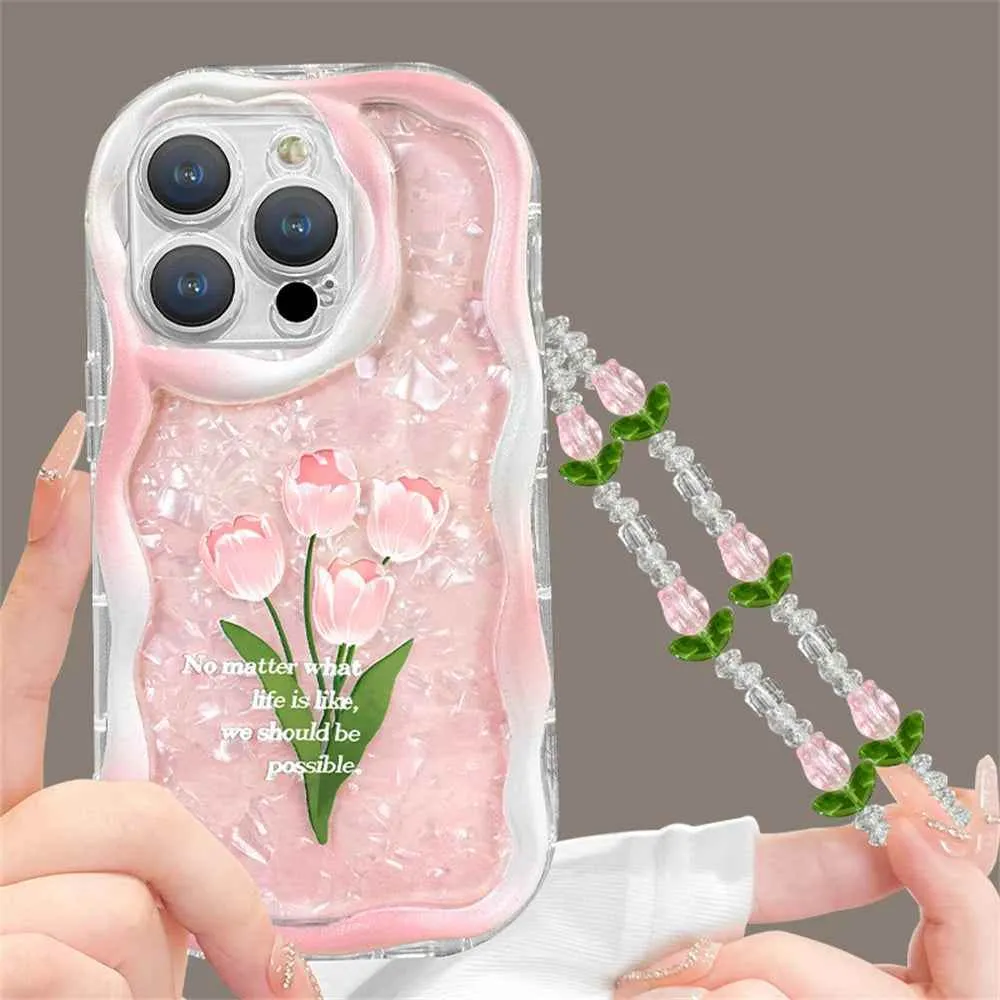 Cute Phone Cases For iPhone 11, 12, 13, 14, or Pro Max - Pink Tulip Shell Pattern, Flower Chain Lanyard - TSP432