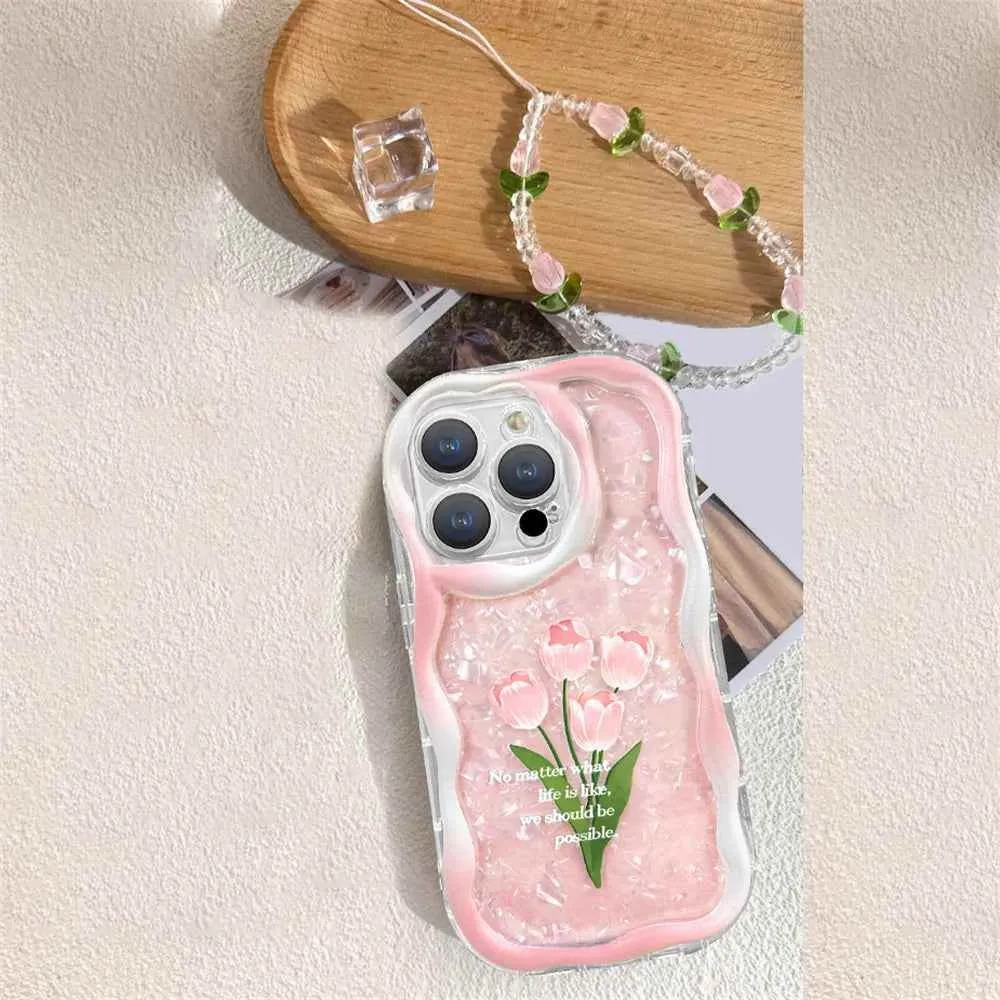 Cute Phone Cases For iPhone 11, 12, 13, 14, or Pro Max - Pink Tulip Shell Pattern, Flower Chain Lanyard - TSP432