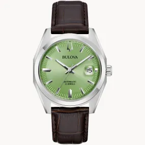 Gents Silver Tone Bulova "Surveyor" with Pistachio Dial and Brown Leather Band