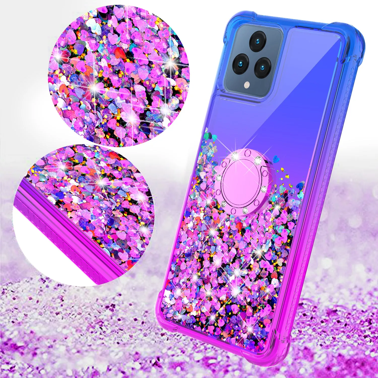 Glitter Phone Case Kickstand Compatible for T-Mobile Revvl 6 5G Case, Revvl 6 5G Case,Ring Stand Liquid Floating Quicksand Bling Sparkle Protective Girls Women for T-Mobile Revvl 6 5G W/Temper Glass - (Blue/Purple Gradient)