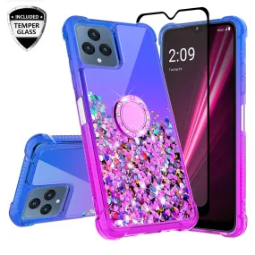 Glitter Phone Case Kickstand Compatible for T-Mobile Revvl 6 5G Case, Revvl 6 5G Case,Ring Stand Liquid Floating Quicksand Bling Sparkle Protective Girls Women for T-Mobile Revvl 6 5G W/Temper Glass - (Blue/Purple Gradient)