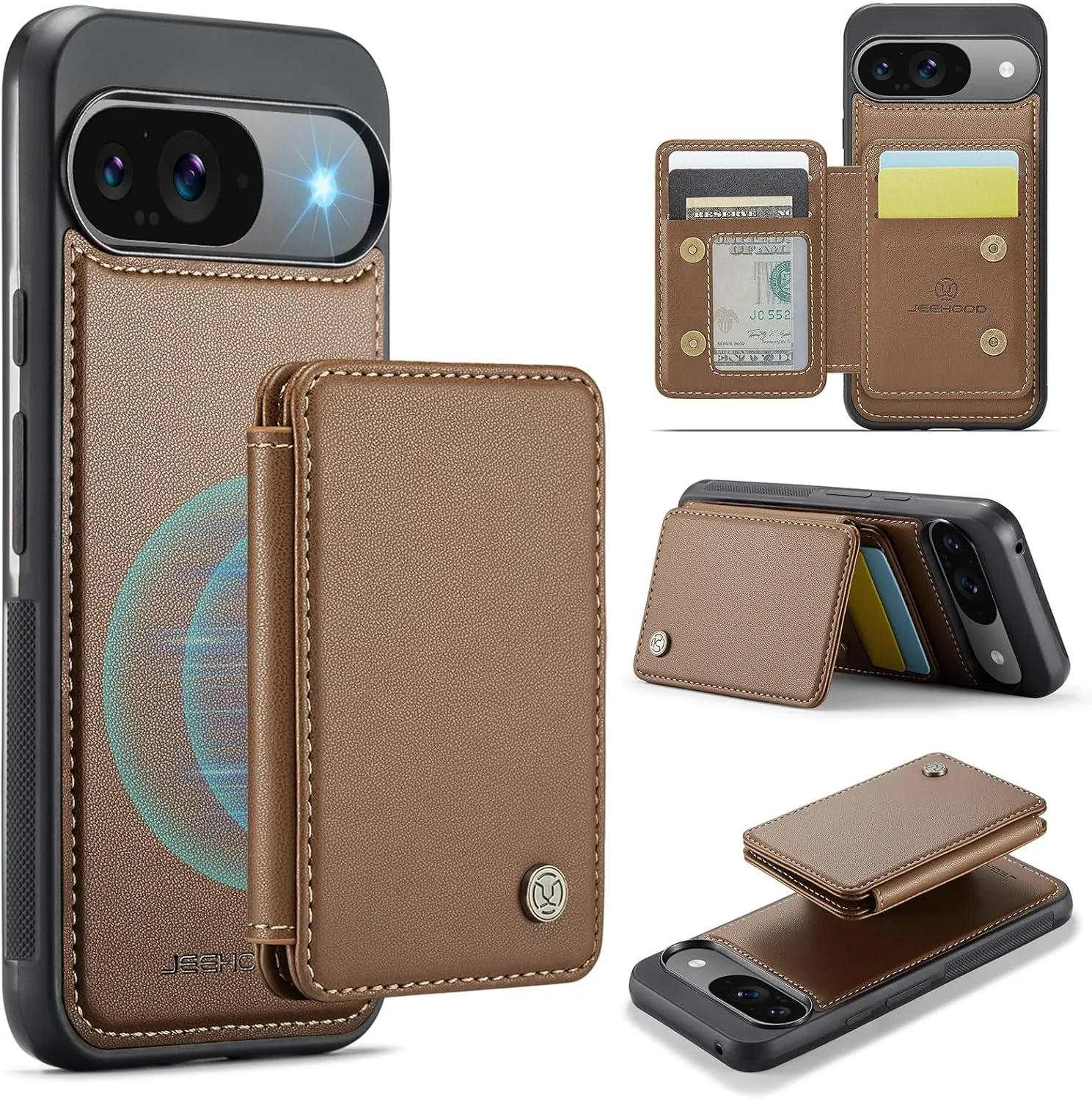 Google Pixel 9 Pro XL 6.8 PU Leather Slim Phone Case Protective Wallet Cover Brown