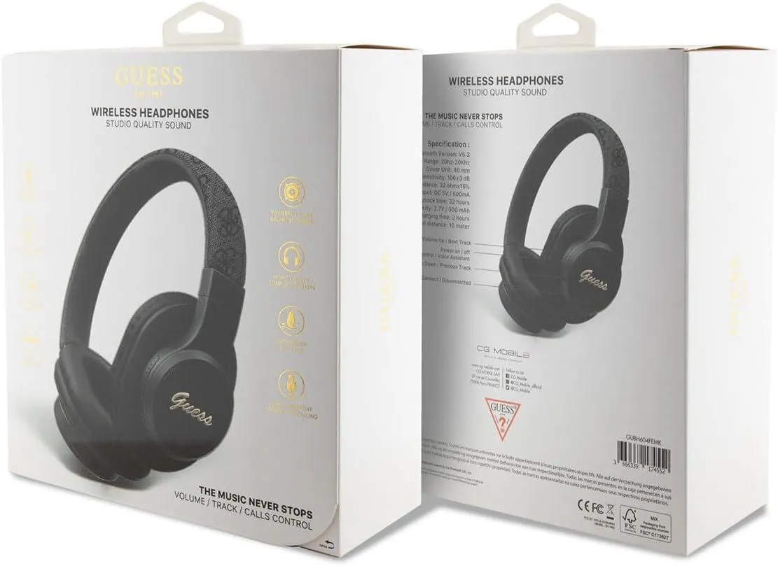 Guess Wireless Headphones PU Leather 4G Tone on Tone Script Logo Black & Grey - GUBH604FEMK