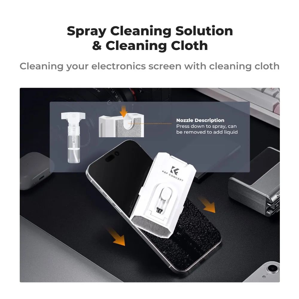 K&F Concept 8-in-1 Multi-Purpose Cleaner with Cleaning Nib, Cotton Swab, High Density Soft Brush, Liquid Solution, Key Puller, and Velcro Washable Super Fiber Cloth for Electronic Devices Laptop Camera Keyboard Desktop Computer