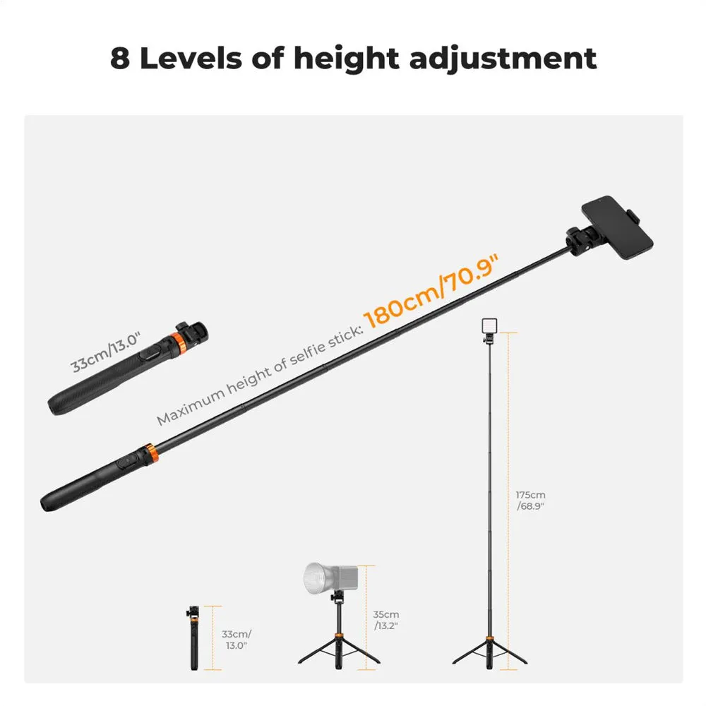 K&F Concept MS24 (175cm) Portable Selfie Stick Tripod with Bluetooth Remote, Smartphone Holder & Action Camera Mount Adapter for Cameras, Studio Lightning, Photography, Vlogging & Live Streaming