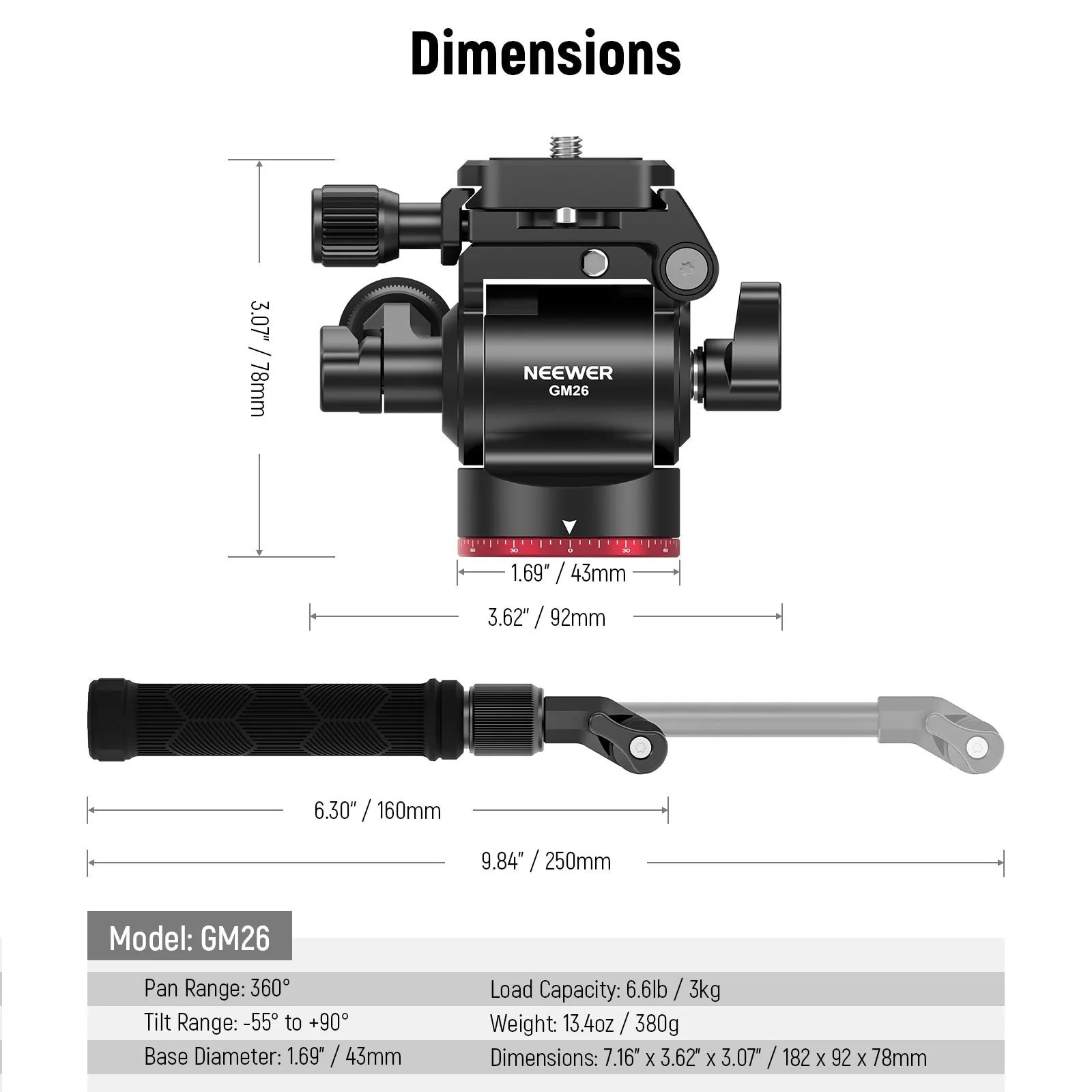 NEEWER GM26 Video Tripod Head Upgraded Horizontal Switch