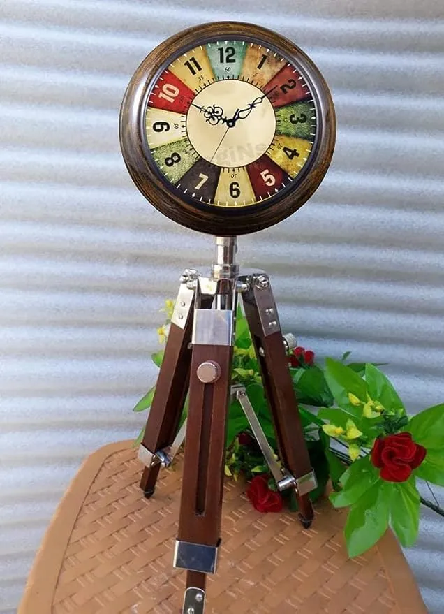 NIDA ART Tripod Table Clock with Wooden Base Multicolor English Numbers,Wooden Stand Clock