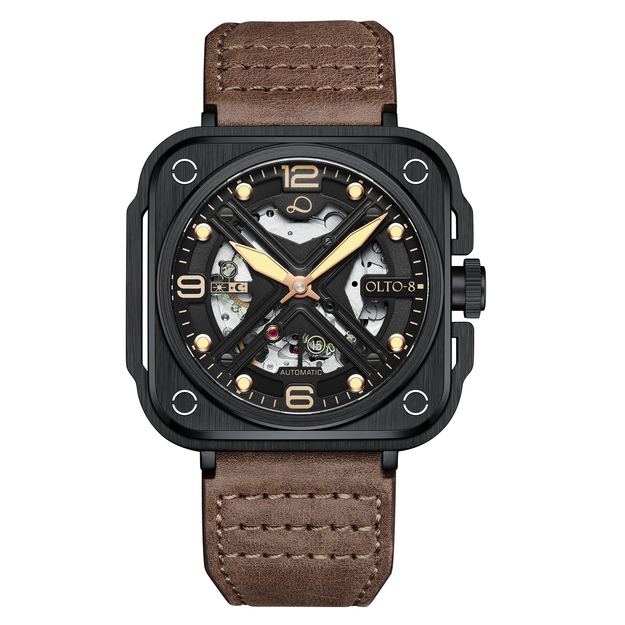 OLTO-8 IRON-X Square Skeleton Automatic Watch Brown