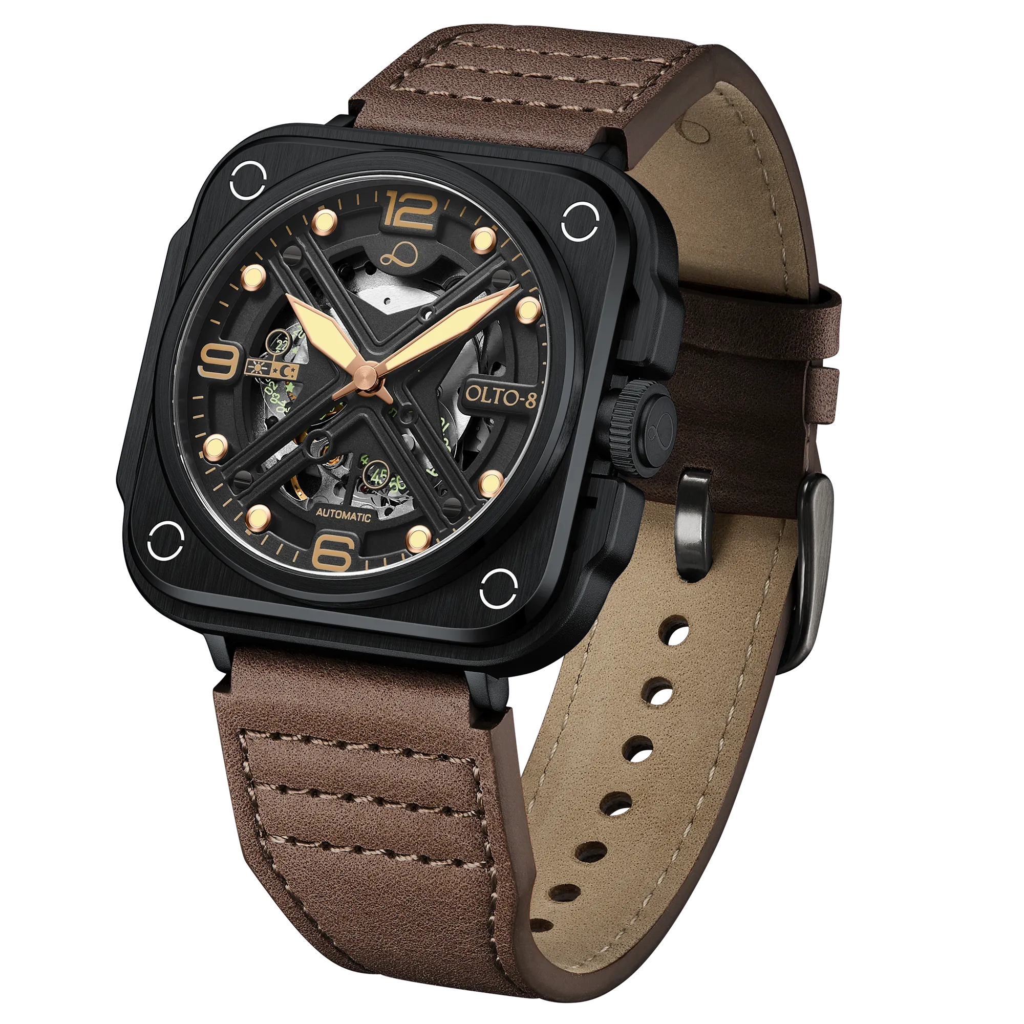 OLTO-8 IRON-X Square Skeleton Automatic Watch Brown