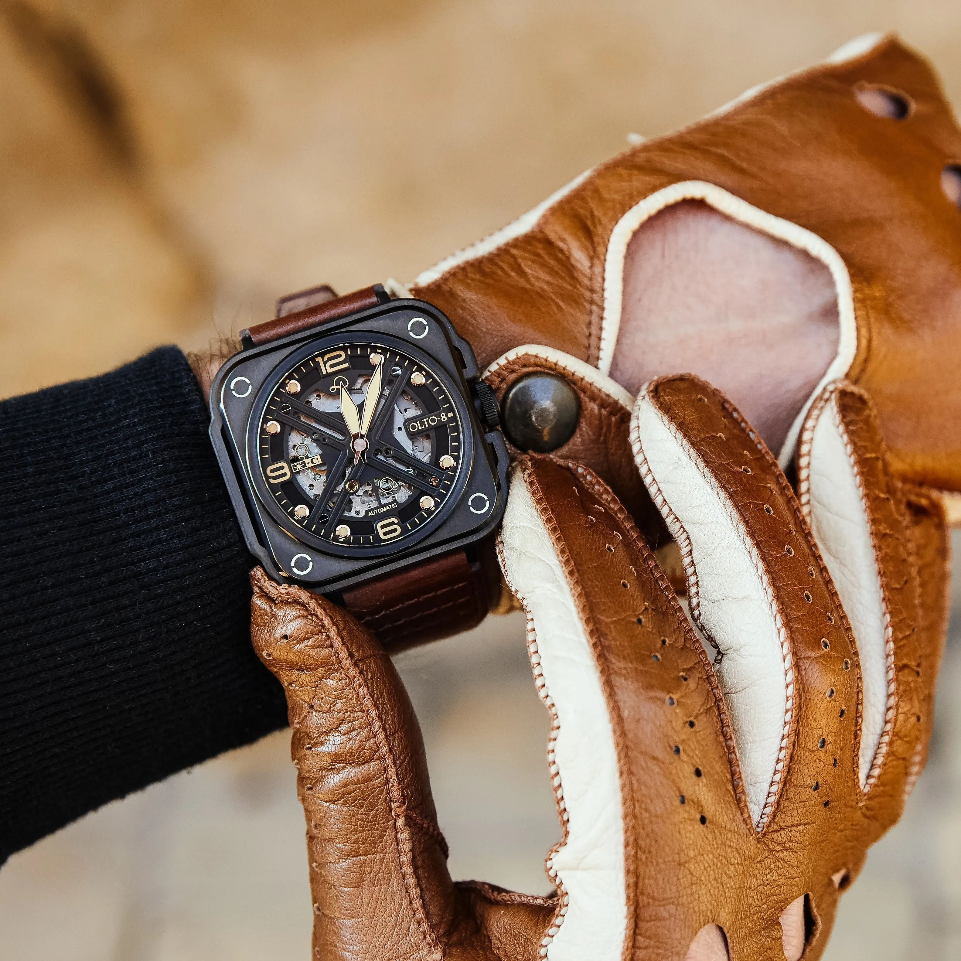 OLTO-8 IRON-X Square Skeleton Automatic Watch Brown