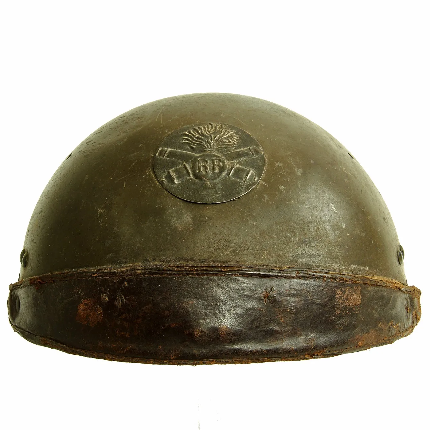 Original French WWII Model 1935 Tanker Armored Vehicle Helmet with Artillery Badge