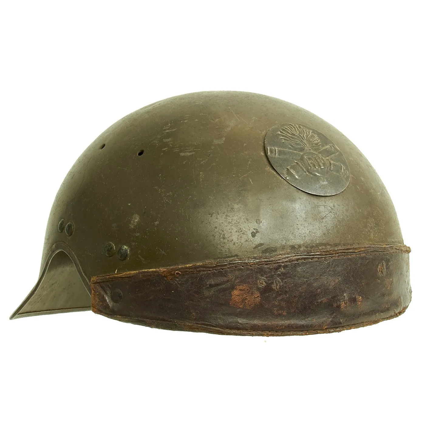 Original French WWII Model 1935 Tanker Armored Vehicle Helmet with Artillery Badge