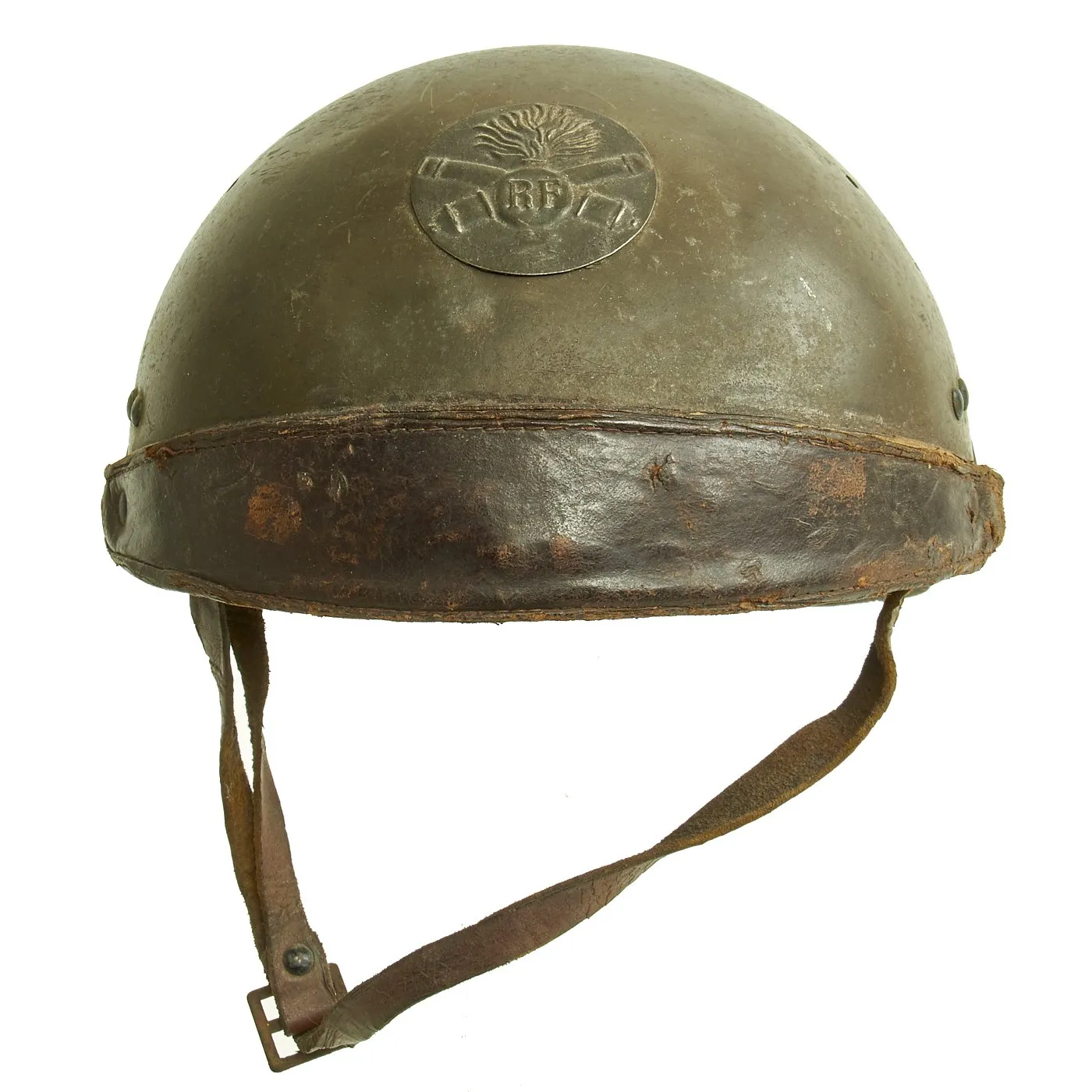 Original French WWII Model 1935 Tanker Armored Vehicle Helmet with Artillery Badge