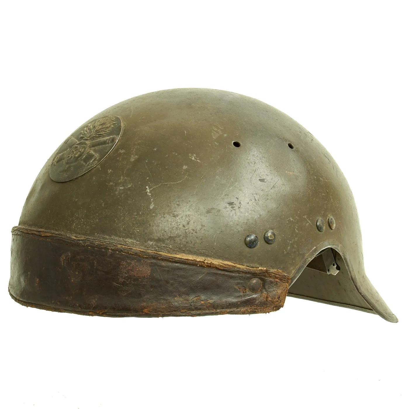 Original French WWII Model 1935 Tanker Armored Vehicle Helmet with Artillery Badge