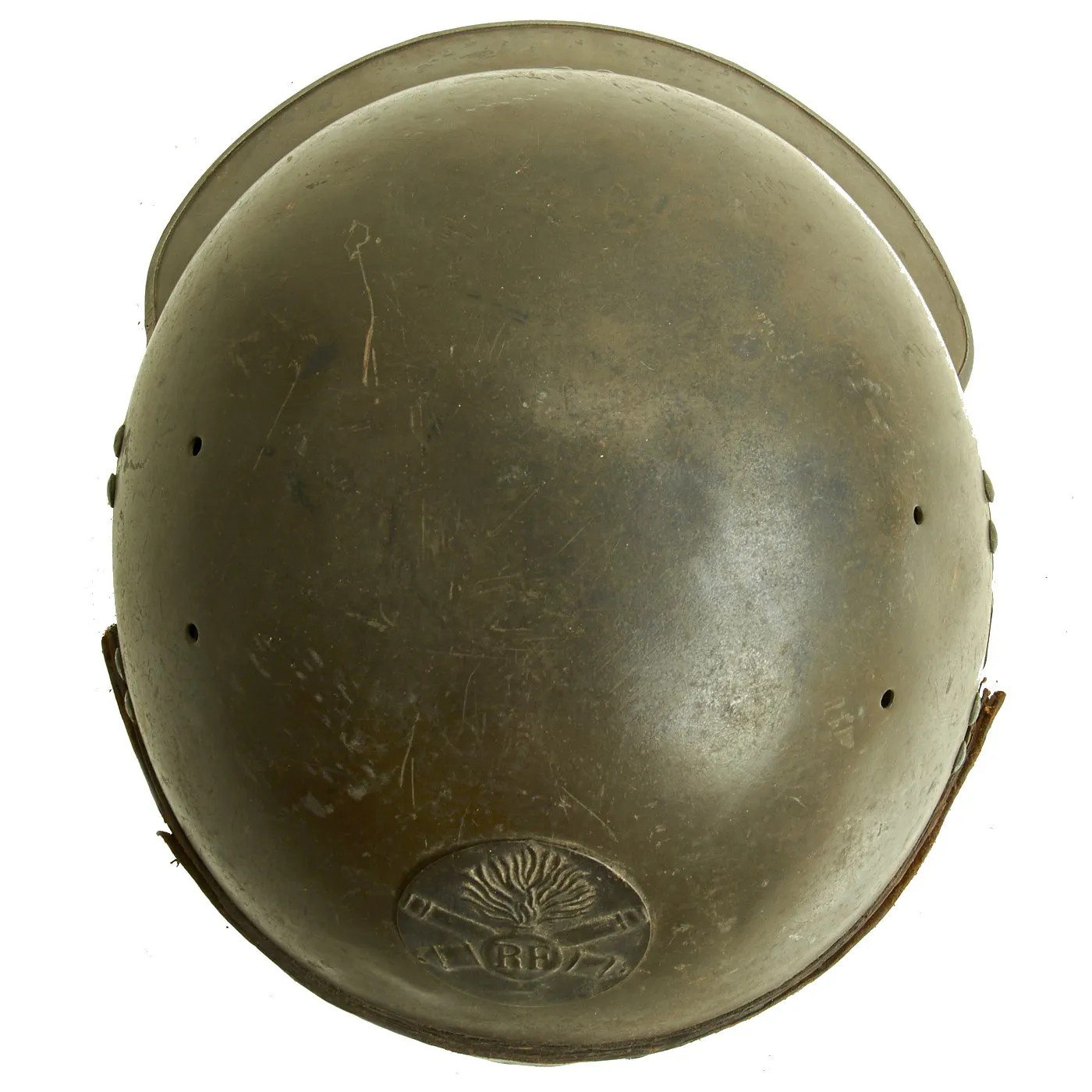 Original French WWII Model 1935 Tanker Armored Vehicle Helmet with Artillery Badge