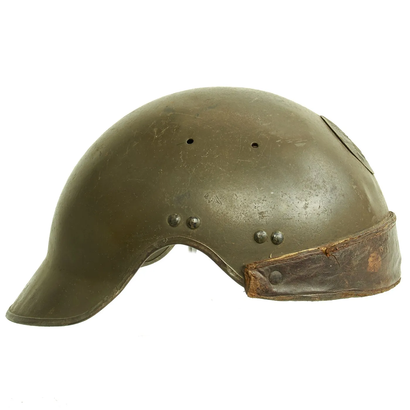 Original French WWII Model 1935 Tanker Armored Vehicle Helmet with Artillery Badge