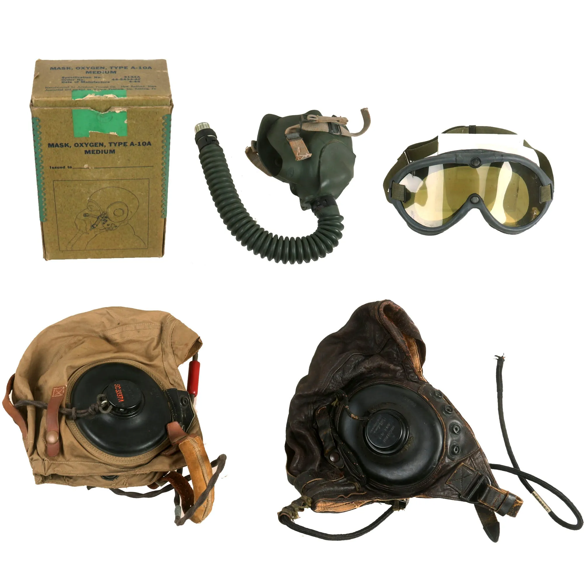 Original U.S. WWII “Summer & Winter” Aviator Flight Helmet Lot With Goggles and Oxygen Mask - (2) Masks With Accessories